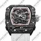 Carbon fiber case skeleton watch with racing-inspired design, bold sport-luxury style, white strap