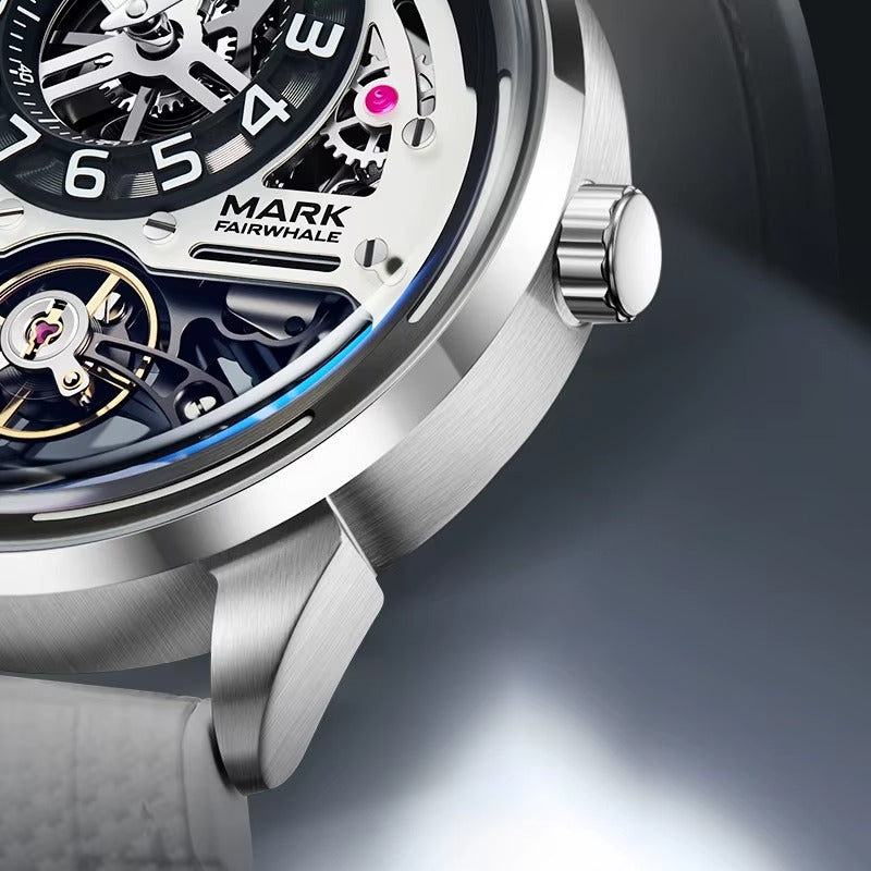 Close-up of a motorsport-inspired skeleton dial watch with visible gears, luxe chronograph style