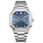 Luxury sport-inspired watch with octagonal stainless steel case, blue dial, and metal bracelet