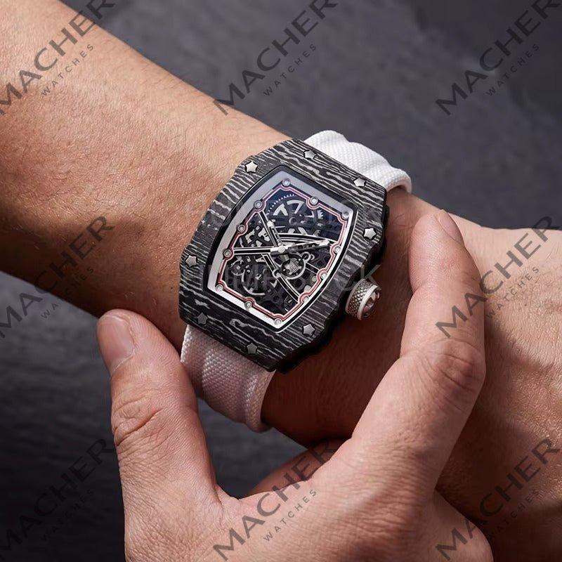 Luxury carbon fiber chronograph watch with bold motorsport design and skeleton dial