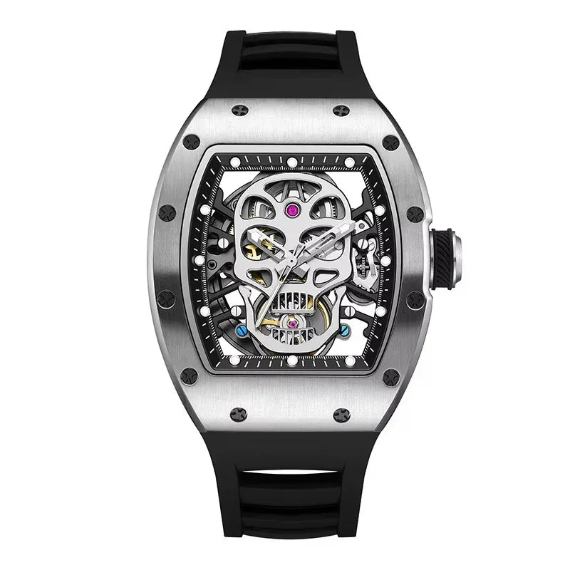 Luxury tonneau watch with skeleton dial, skull motif, black strap, motorsport-inspired design