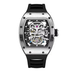 Luxury tonneau watch with skeleton dial, skull motif, black strap, motorsport-inspired design