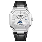 Luxury octagonal mechanical watch with silver dial, date window, and black leather strap
