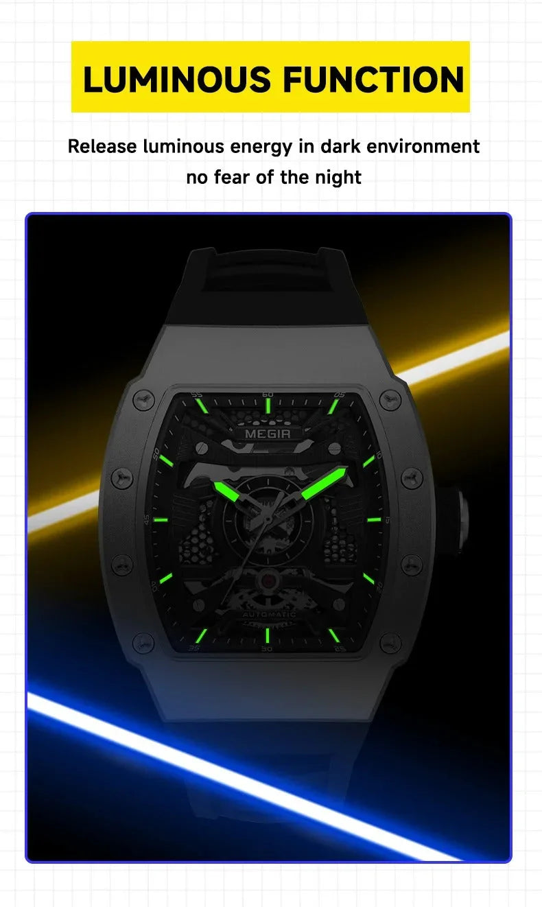 Motorsport-inspired luminous watch with green glowing hands and markers, bold sport-luxury design.