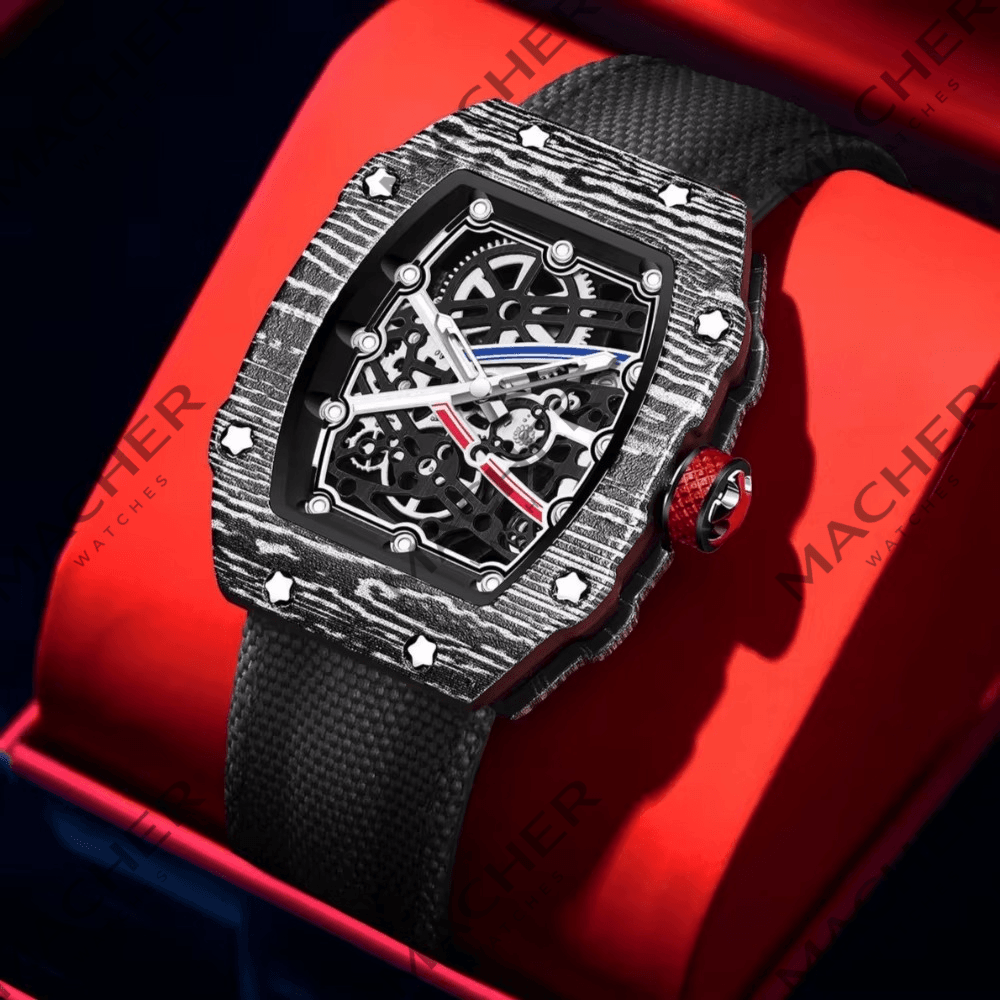 Luxury skeleton watch with carbon fiber case, bold motorsport design, and red accents on black strap