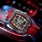 Carbon fiber chronograph watch with red strap, motorsport-inspired skeleton dial and bold sport-luxury design