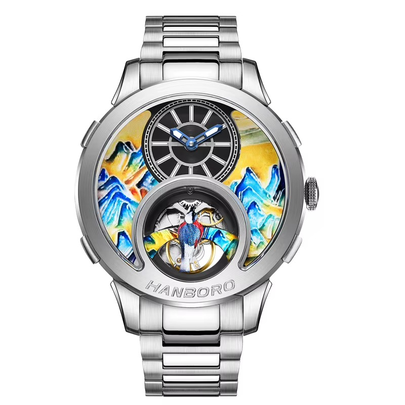 Hanboro luxury skeleton watch with colorful mountain landscape and bird motif dial