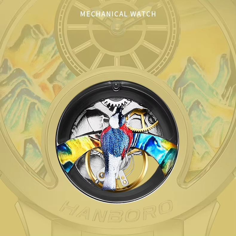 Hanboro mechanical watch with a detailed colorful bird automaton on the dial.