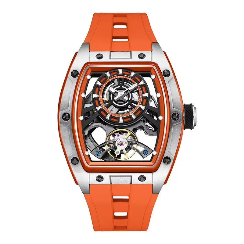 Motorsport-inspired luxury watch with skeleton dial, tonneau case, and orange rubber strap