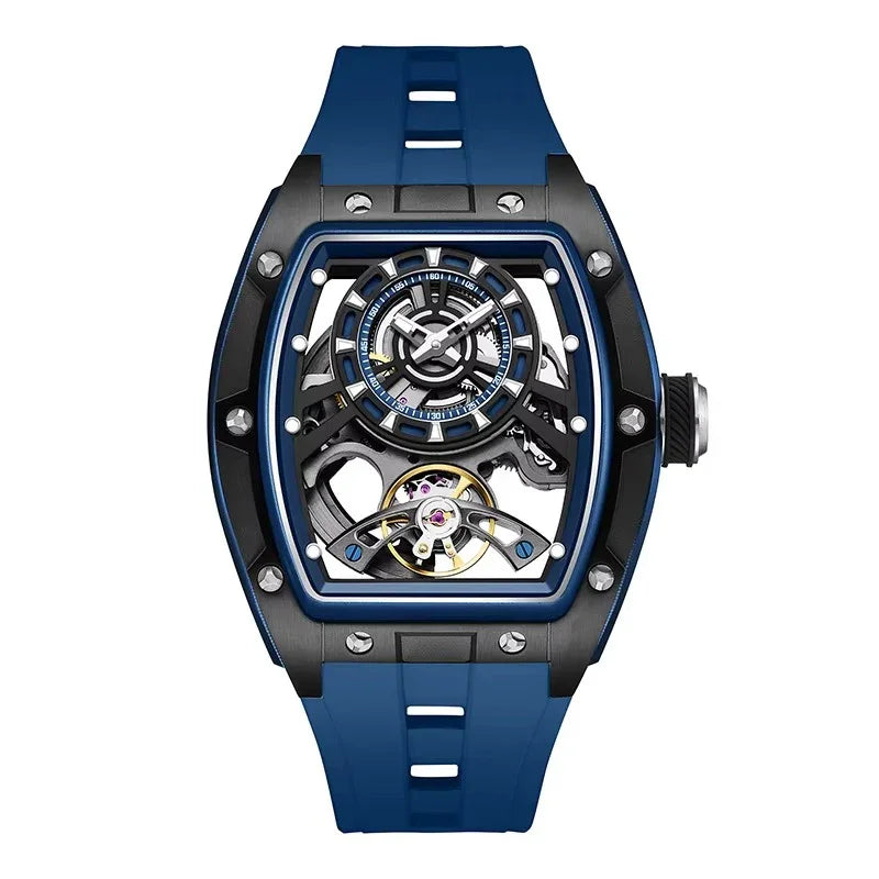 Blue rubber strap skeleton dial sports-luxury watch with tonneau carbon fiber case and exposed mechanics