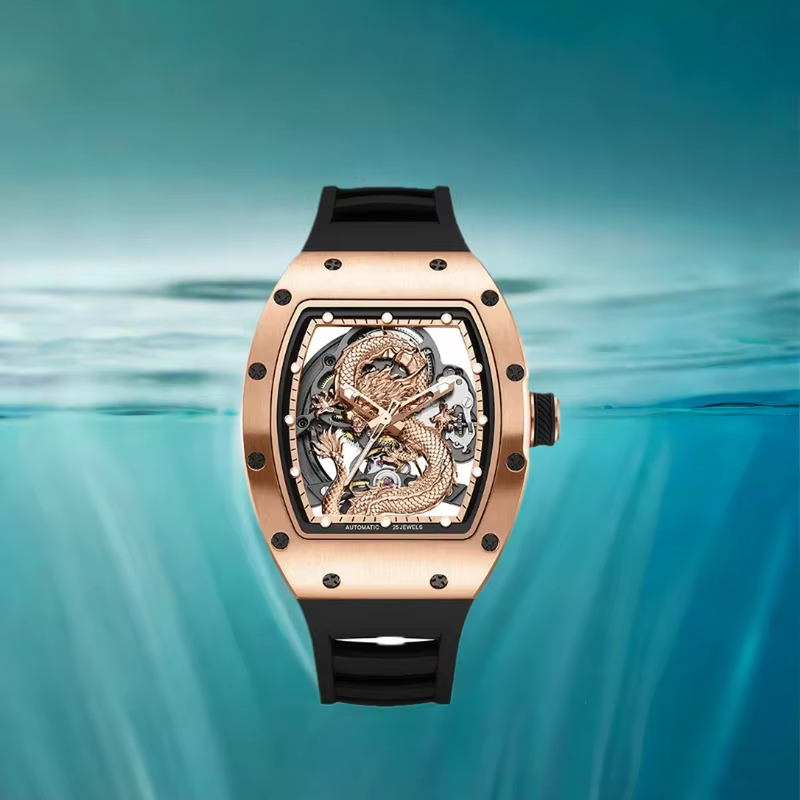 Luxury tonneau-shaped watch with dragon skeleton dial, rose gold case, black strap, water backdrop