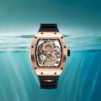 Luxury tonneau-shaped watch with dragon skeleton dial, rose gold case, black strap, water backdrop