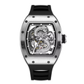 Luxury motorsport-inspired watch with skeleton dial and silver dragon design, sporty black strap