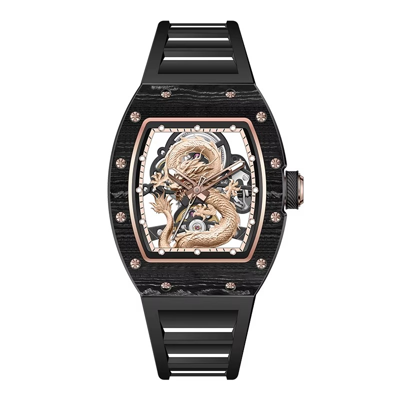 Luxury tonneau-shaped skeleton watch with black carbon fiber case and gold dragon motif dial
