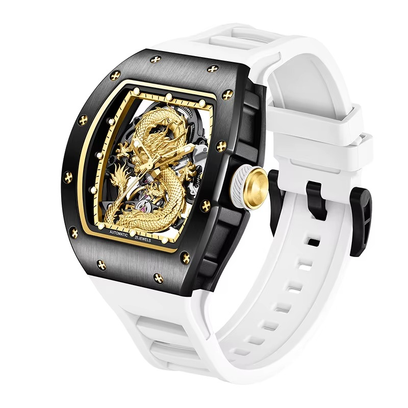 Luxury sport watch with black case, white strap, and gold dragon skeleton dial design