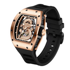 Luxury rose gold watch with skeleton dial, 3D dragon design, and black rubber strap