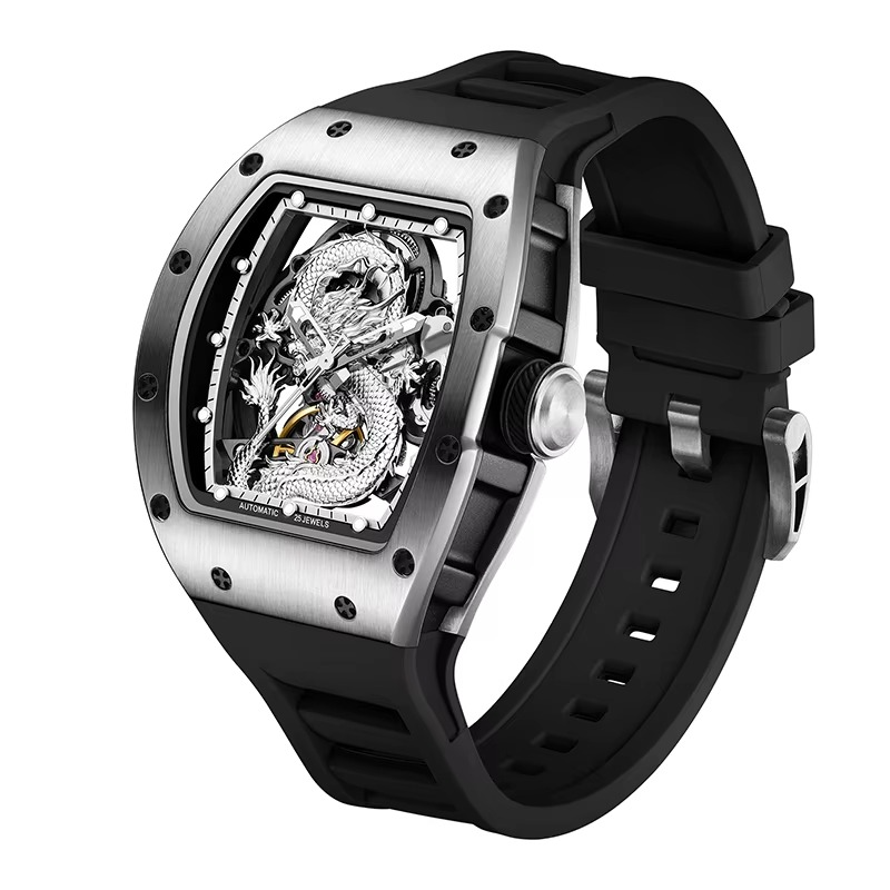 Luxury skeleton watch with dragon dial, tonneau case, and black rubber strap, motorsport-inspired design