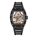 Luxury tonneau-shaped watch with black case, gold dragon skeleton dial, motorsport-inspired style