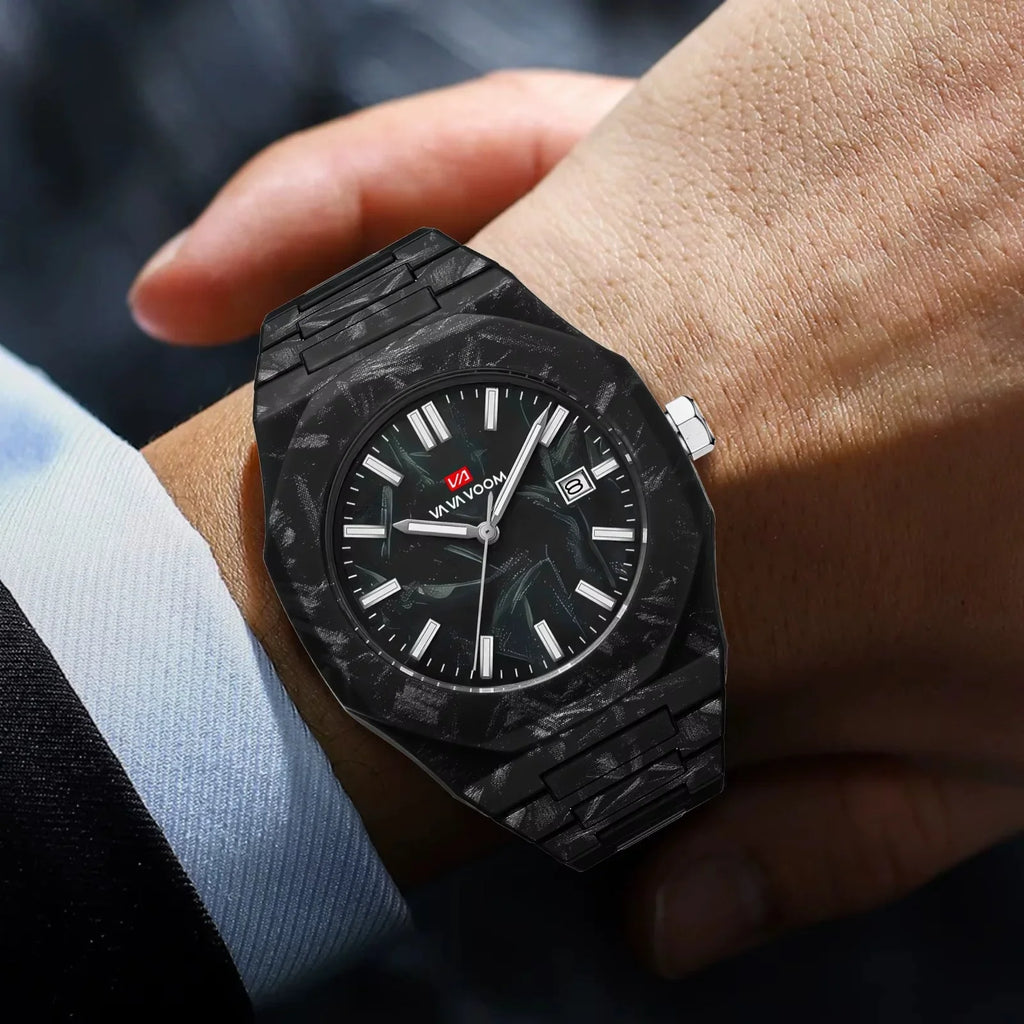 Luxury black carbon fiber watch with bold dial and date window on wrist, motorsport-inspired style