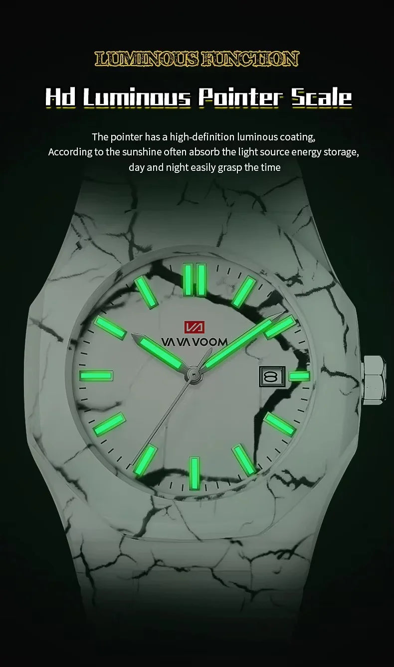 Racing-inspired luxury watch with marble-patterned case and luminous green hands and markers.