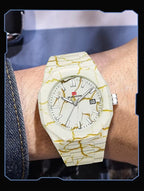 Luxury sport-style watch with white and gold marble-patterned case and strap on wrist