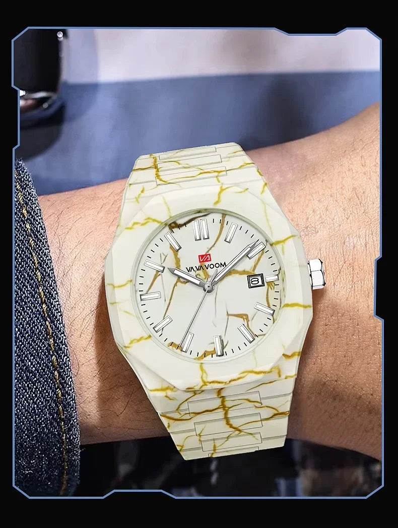 Luxury sport-style watch with white and gold marble-patterned case and strap on wrist