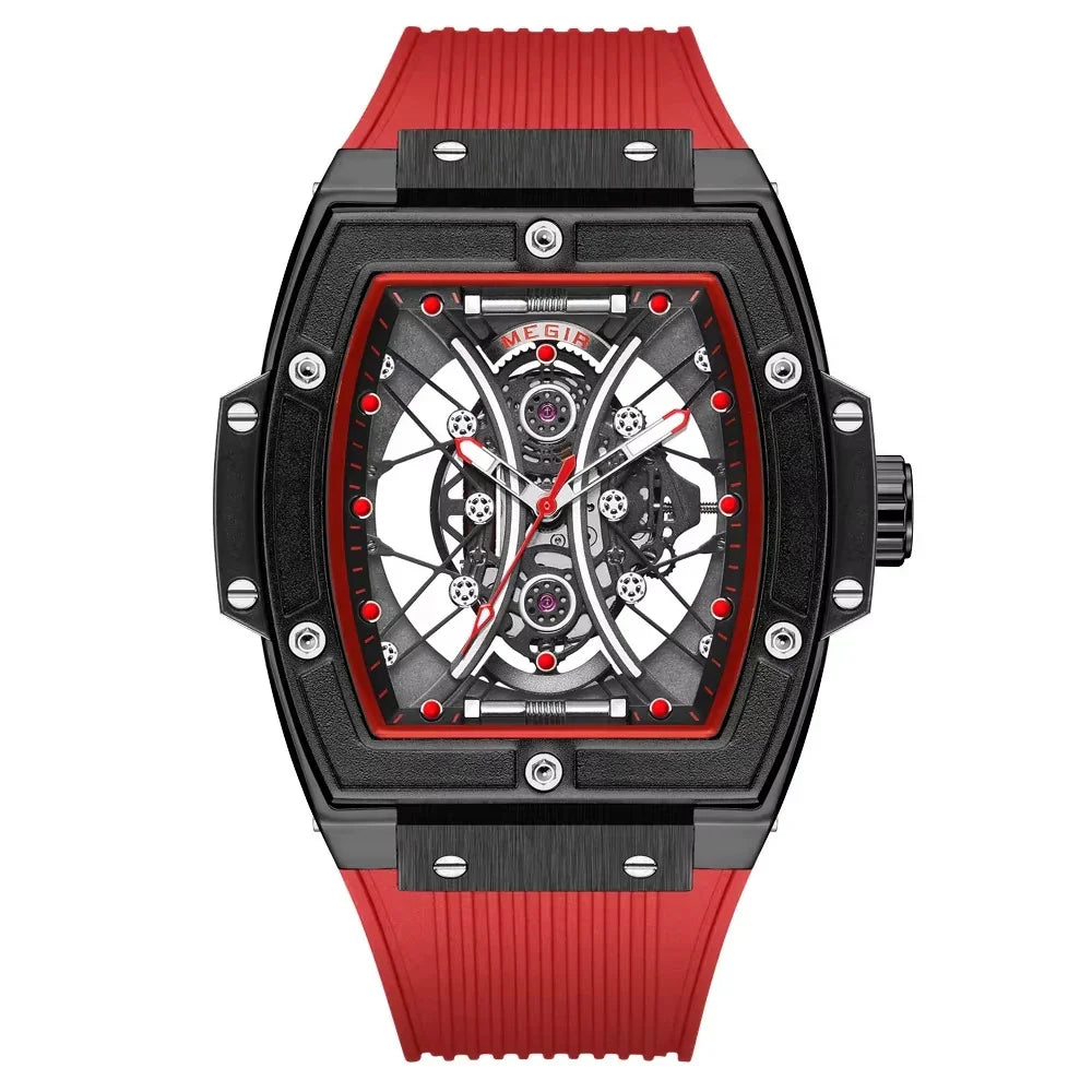 Luxury motorsport-inspired watch with skeleton dial, bold case, and red rubber strap