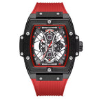 Luxury motorsport-inspired watch with skeleton dial, bold case, and red rubber strap