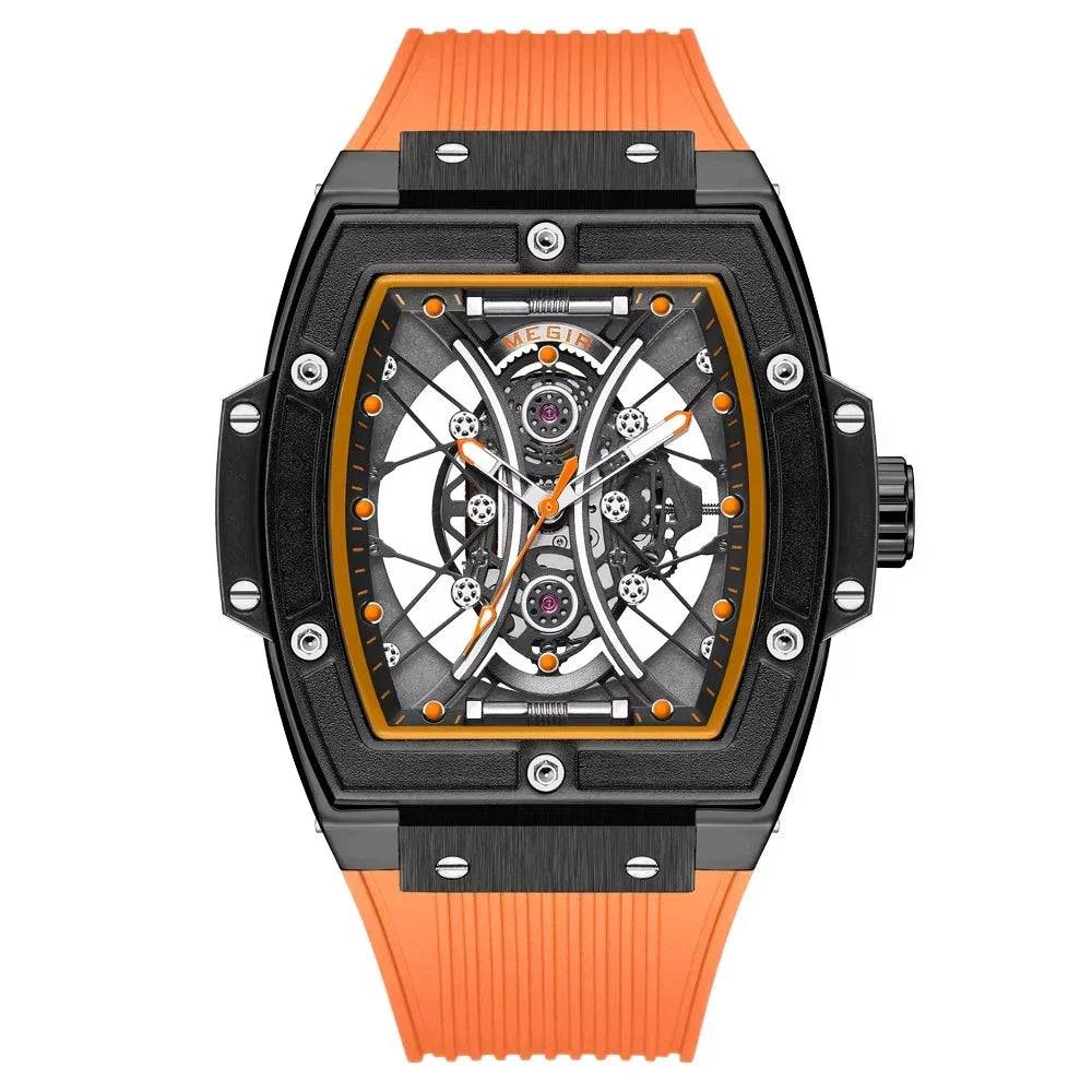 Motorsport-inspired luxury tonneau watch with open skeleton dial, black case, orange rubber strap