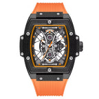 Motorsport-inspired luxury tonneau watch with open skeleton dial, black case, orange rubber strap