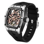 Luxury sport-inspired tonneau skeleton watch with exposed mechanics and black rubber strap