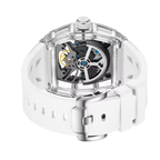 Luxury sport watch with skeleton dial, visible gears and white strap, motorsport-inspired design