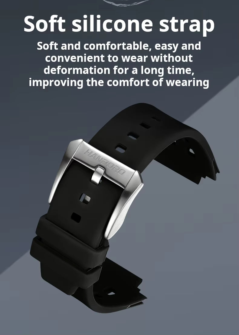 Black soft silicone watch strap with silver buckle inspired by motorsport performance