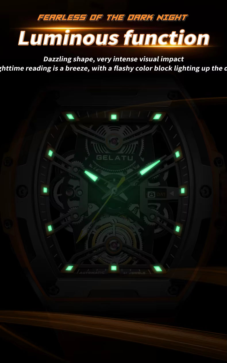 Motorsport-inspired skeleton watch with luminous markers and hands, sporty luxury design.