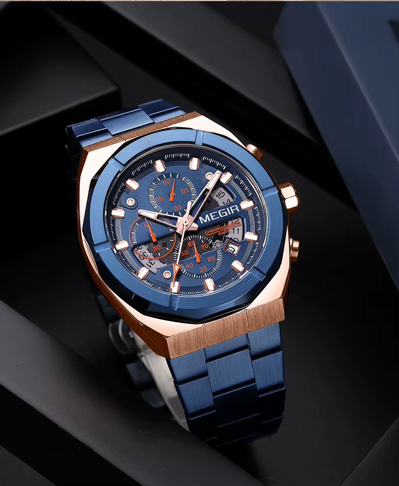 Luxury blue and gold chronograph watch with bold dial, inspired by motorsport performance