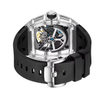 Luxury racing-inspired skeleton watch with clear case, visible gears, and black rubber strap