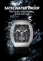 Motorsport-inspired luxury watch with skeleton dial and tonneau case, splash-resistant, bold style