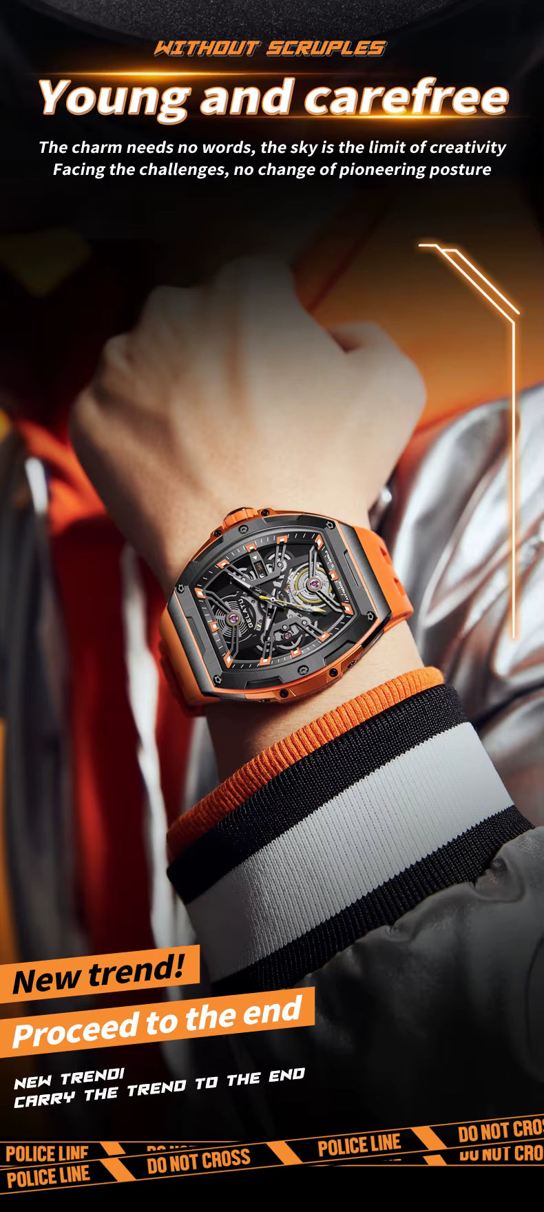 Motorsport-inspired luxury men's watch with orange strap, skeleton dial, sport-luxury design