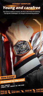 Motorsport-inspired luxury men's watch with orange strap, skeleton dial, sport-luxury design