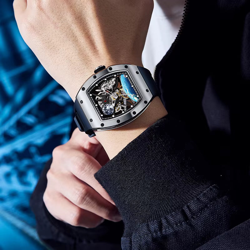 Luxury tonneau-shaped skeleton watch with exposed movement, motorsport-inspired dial, on wrist