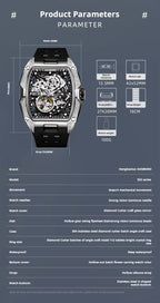 Luxury skeleton dial racing-inspired watch with diamond-set case, luminous hands, and black silicone strap.