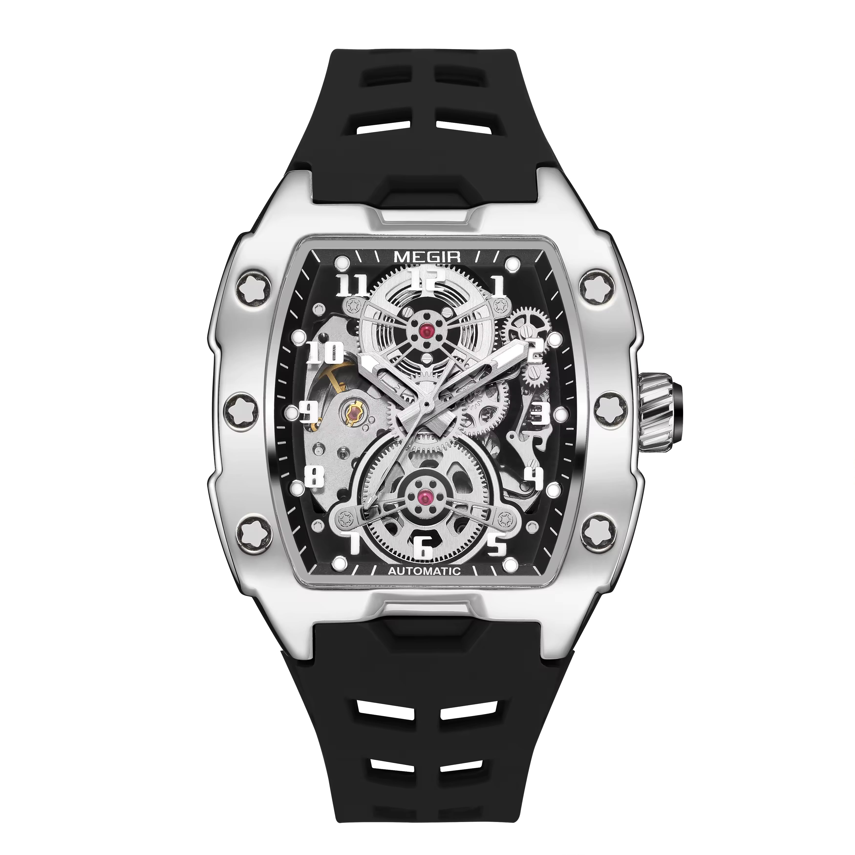 Luxury motorsport-inspired skeleton watch with tonneau case, visible gears, and black strap