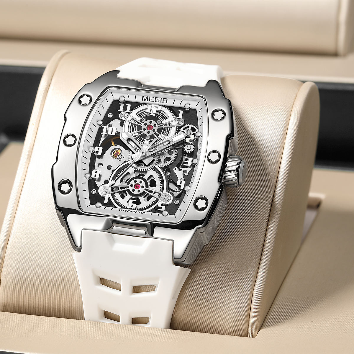 Luxury skeleton dial watch with bold steel case and white strap, motorsport-inspired design