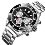 Motorsport-inspired luxury chronograph watch with black dial, silver subdials, and metal bracelet