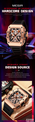 Luxury motorsport-inspired watch with rose gold case, skeleton dial, and black rubber strap