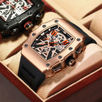 Motorsport-inspired luxury watch with rose gold case, skeleton dial, bold design in display box
