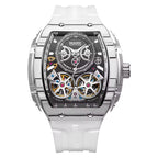 Skeleton automatic sport watch with exposed gears, tonneau case, and white rubber strap