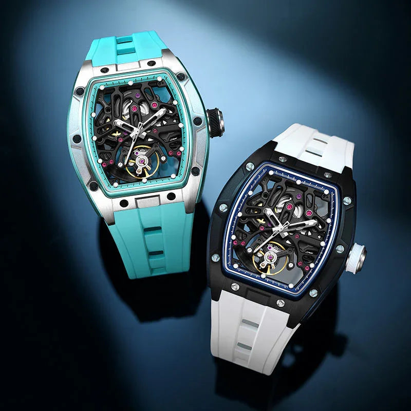 Two luxury sport-inspired tonneau skeleton watches with turquoise and white rubber straps