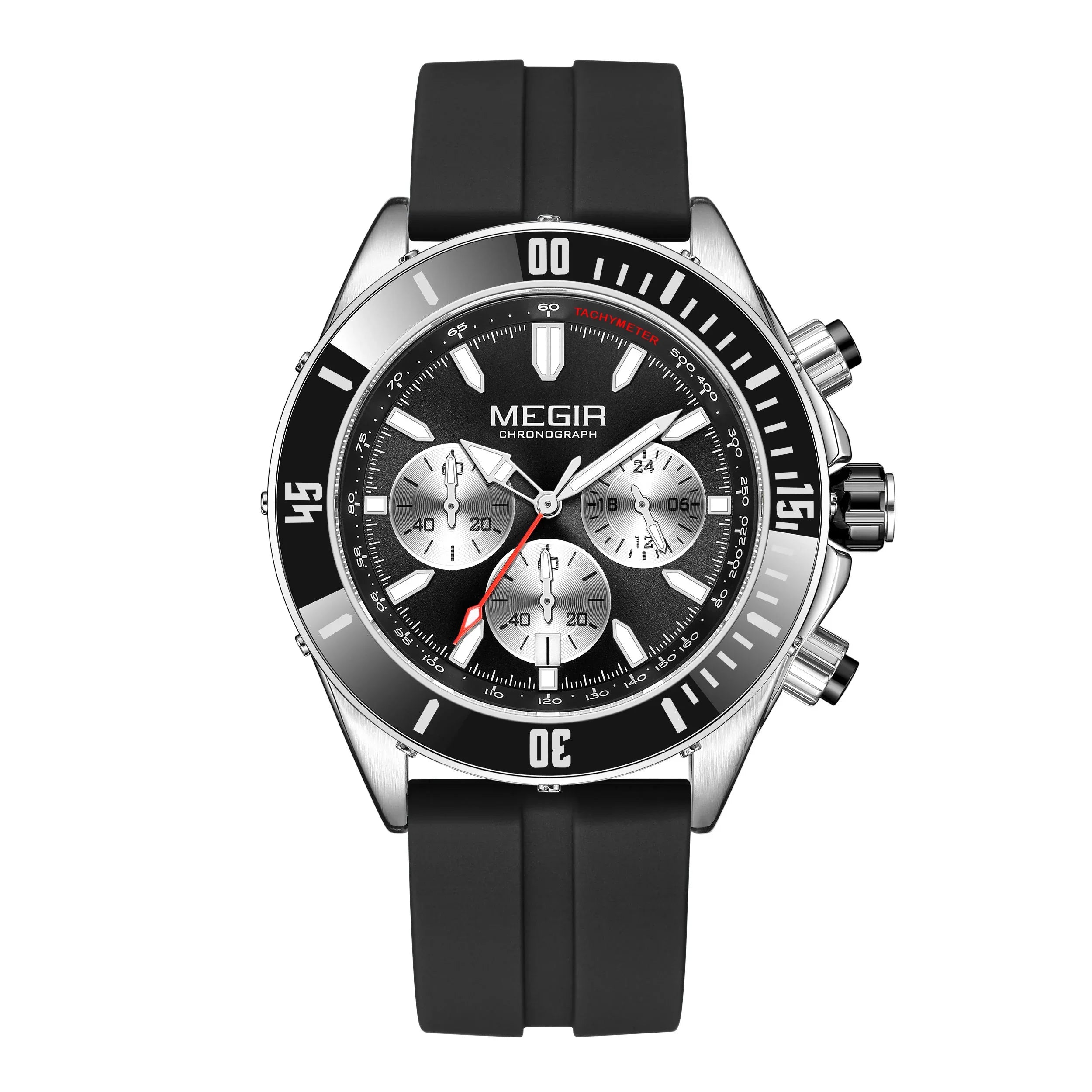 Motorsport-inspired chronograph watch with black dial, silver subdials, and silicone strap