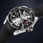 Motorsport-inspired sport-luxury watch with chronograph dial, black bezel, rubber strap